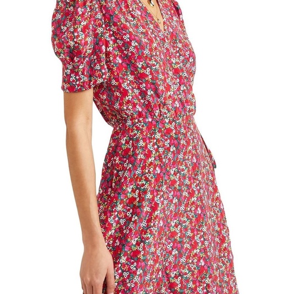 SALONI / Lea Silk Puff Sleeve A-Line wrap mini floral poppy pink Silk Dress 12 - Picture 5 of 11